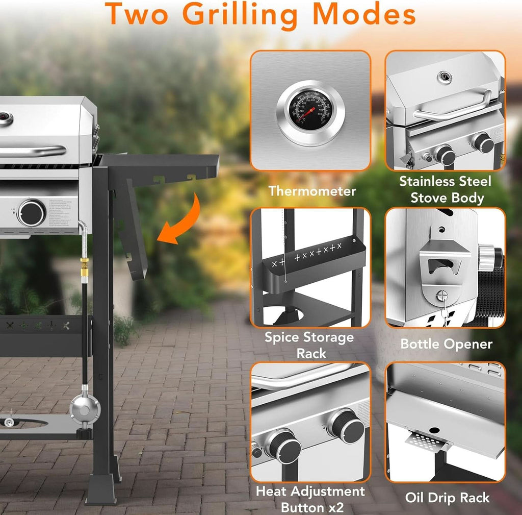 Propane Gas Grill 2 Burner Stainless Steel Outdoor Cooking Area