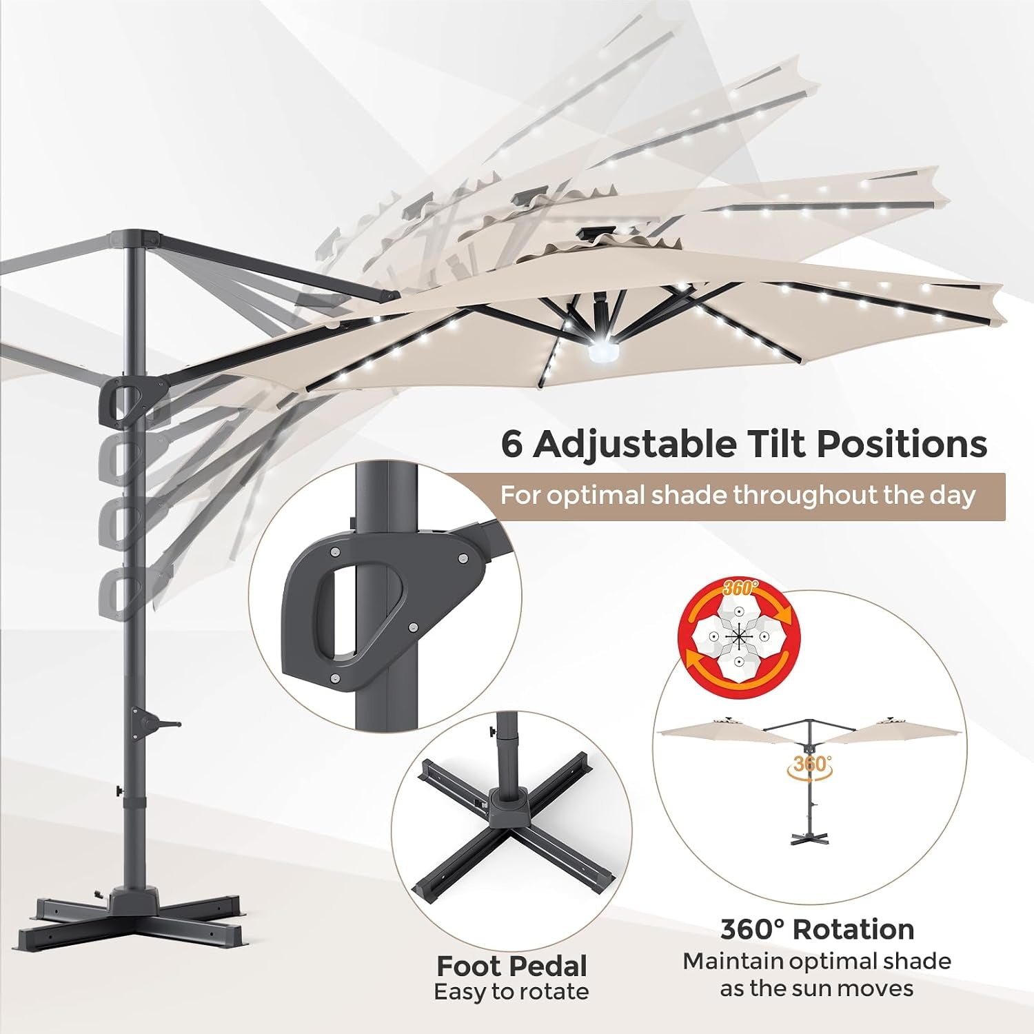 10 Ft Cantilevered Weatherproof Patio Umbrella Led