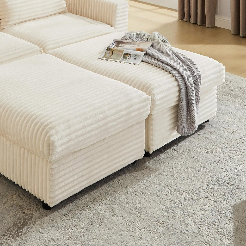 Corduroy Storage Ottoman Beige Cushioned Living Room