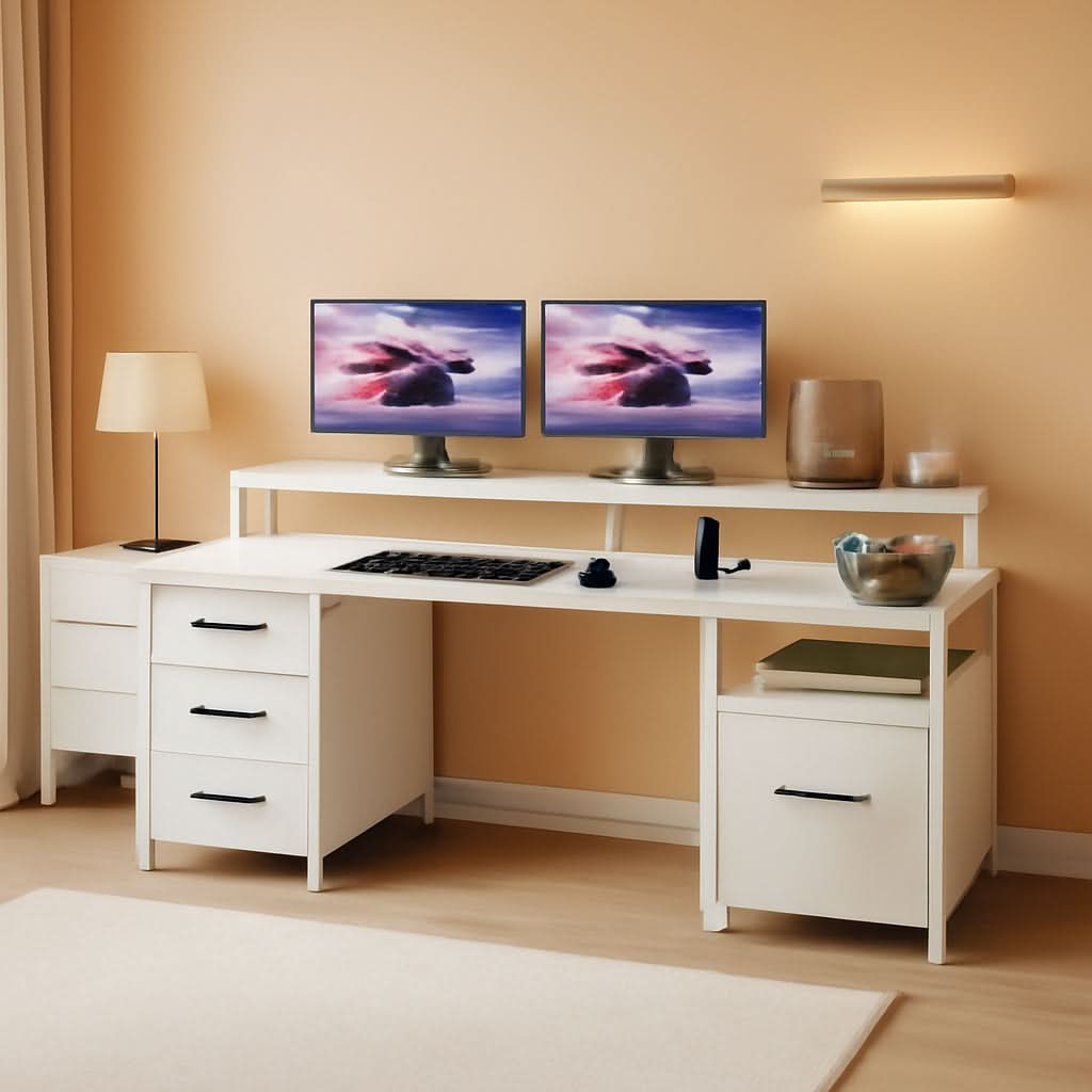 Modern Home Office Desk With 5 Drawers And LED Lights