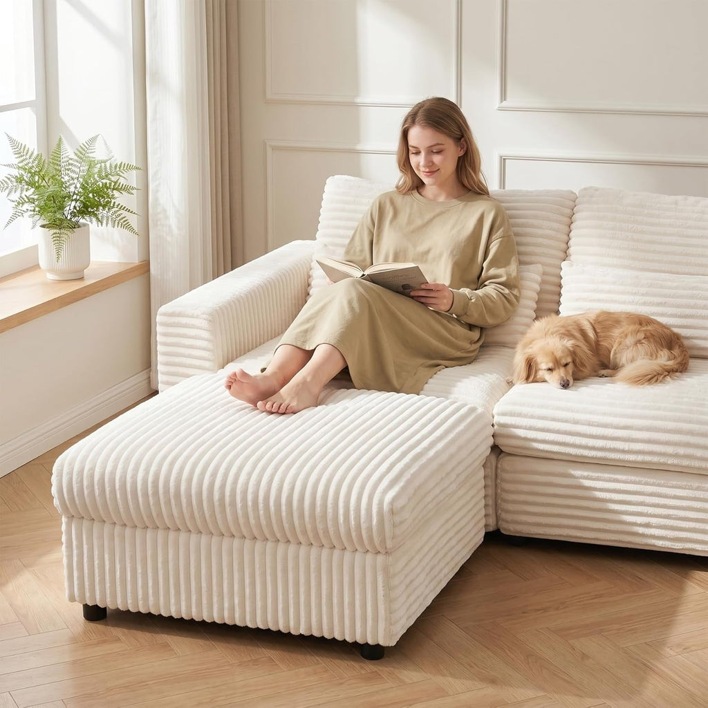 Corduroy Storage Ottoman Beige Cushioned Living Room