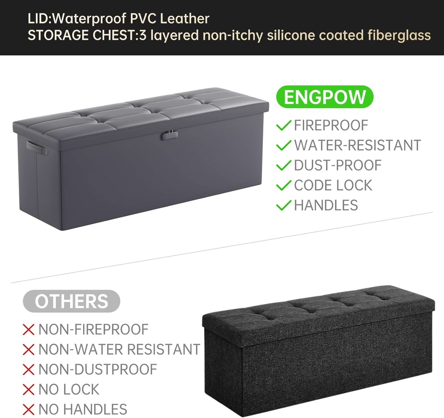 Fireproof Gray Storage Chest With Lock Ottoman Bench 43 Inch