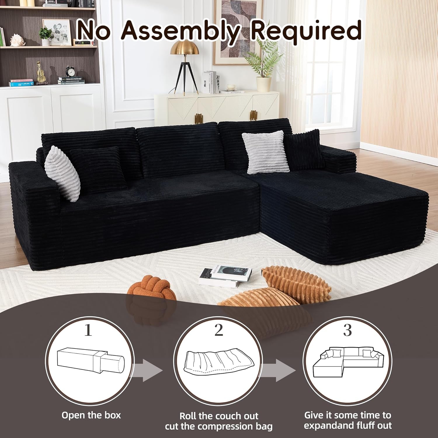 108 Inches Left Facing High End Sectional Sofa Black