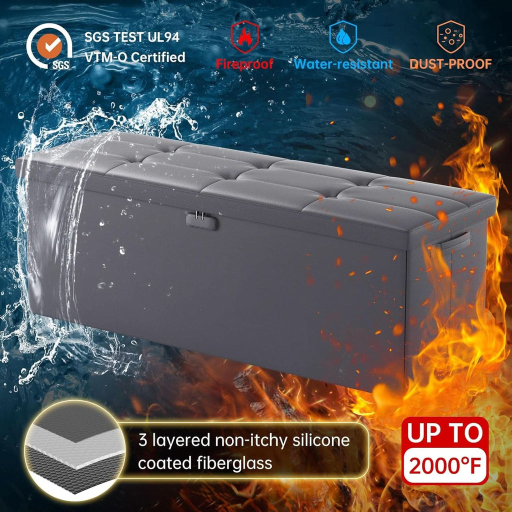 Fireproof Gray Storage Chest With Lock Ottoman Bench 43 Inch
