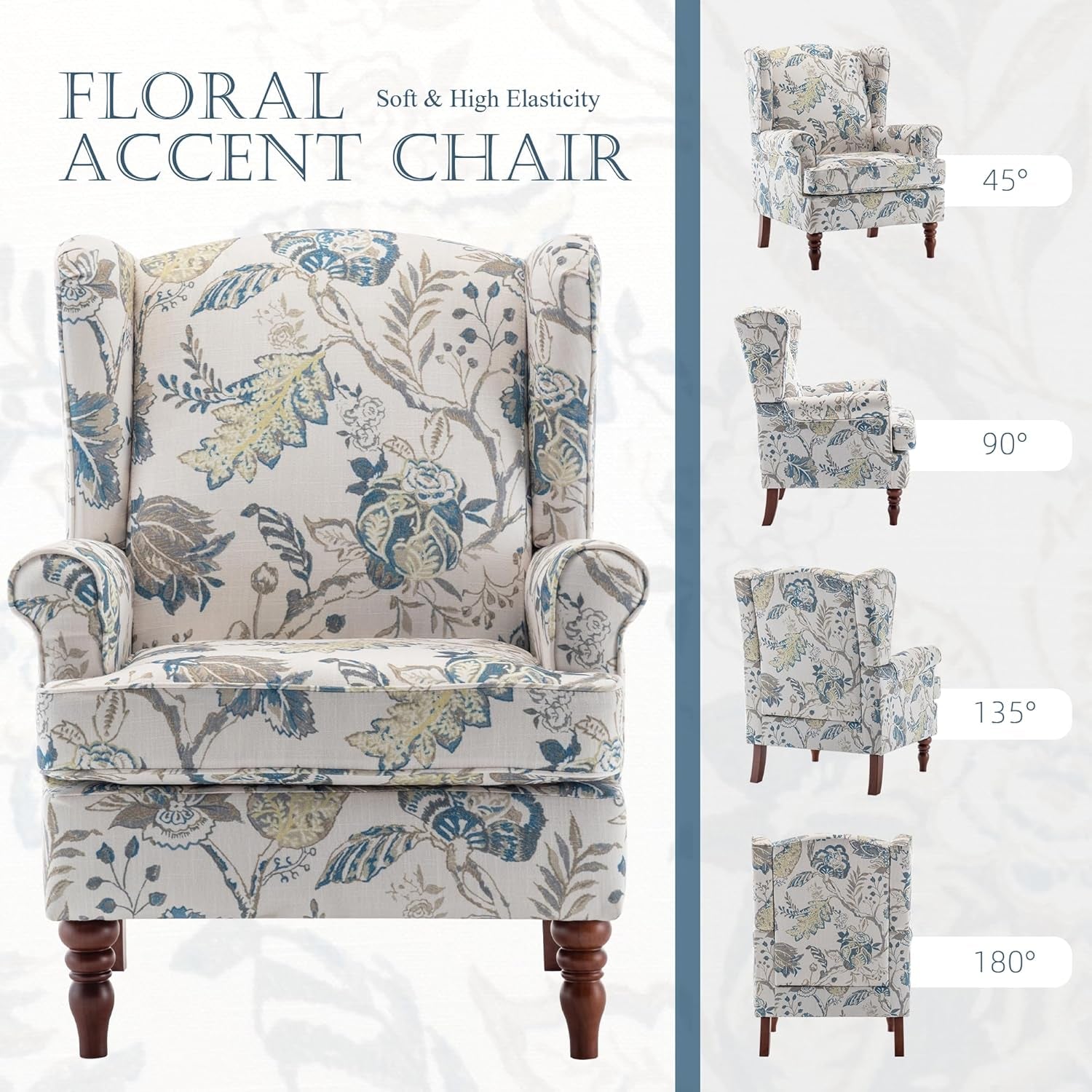 Blue Floral Upholstered Accent Armchair Living Room