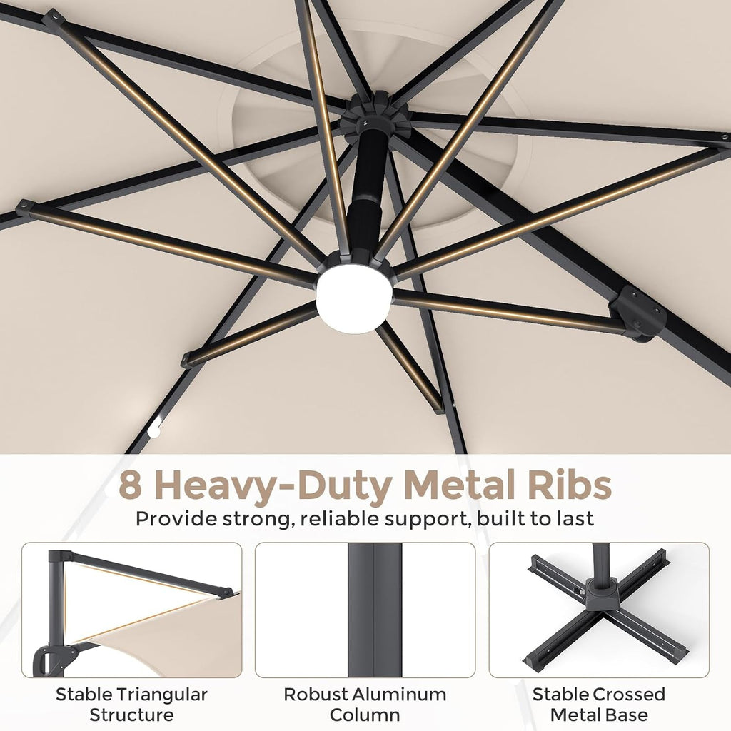 10 Ft Cantilevered Weatherproof Patio Umbrella Led