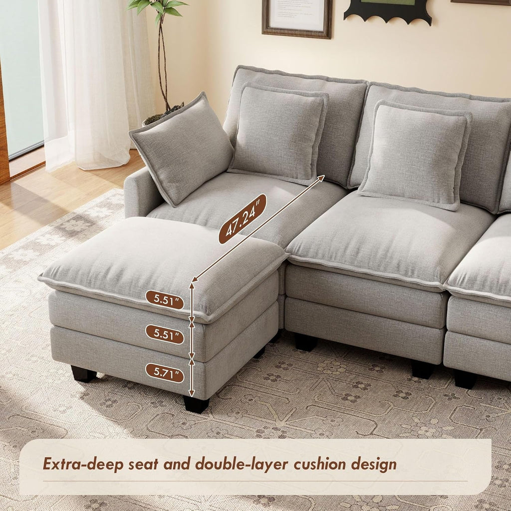 106-Inch U-Shaped Modular Sectional Sofa with Ottoman, Grey Chenille