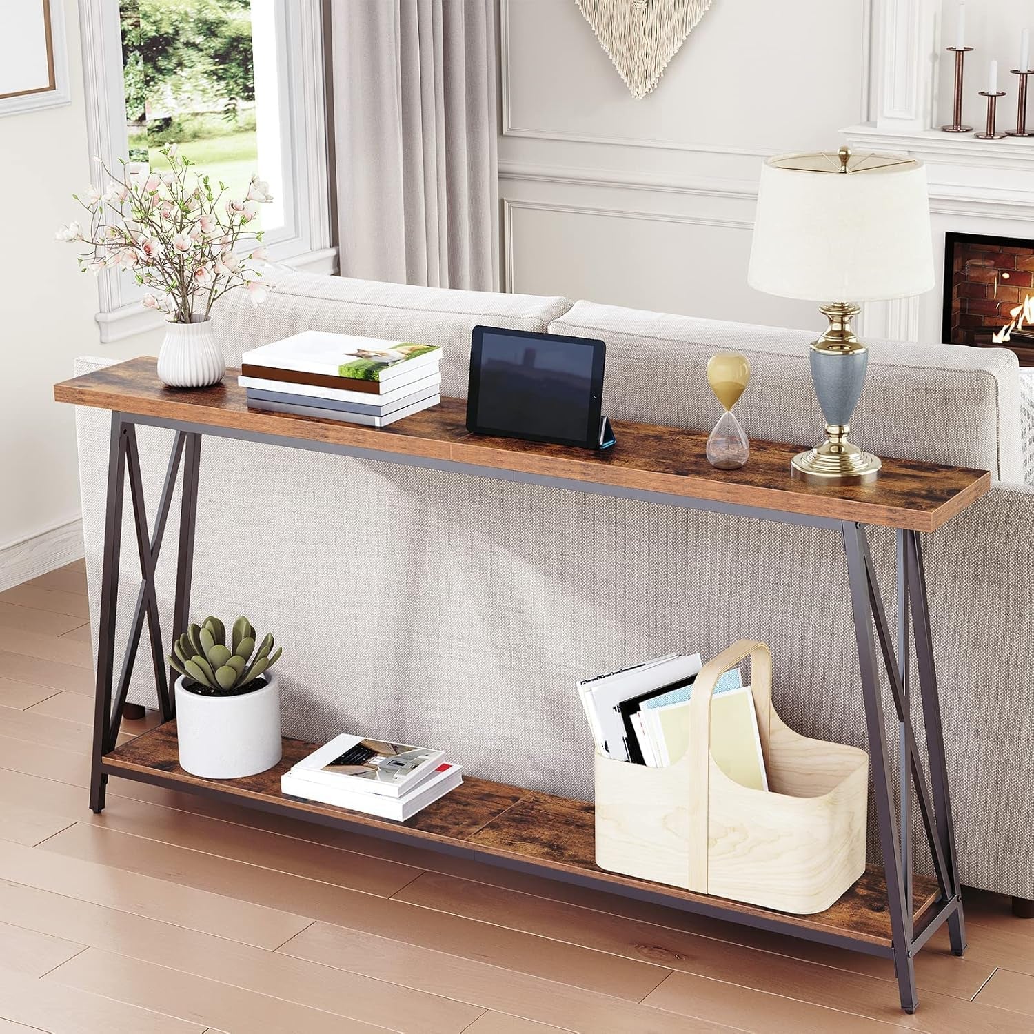 63 Inches Double Tier Rustic Industrial Console Table