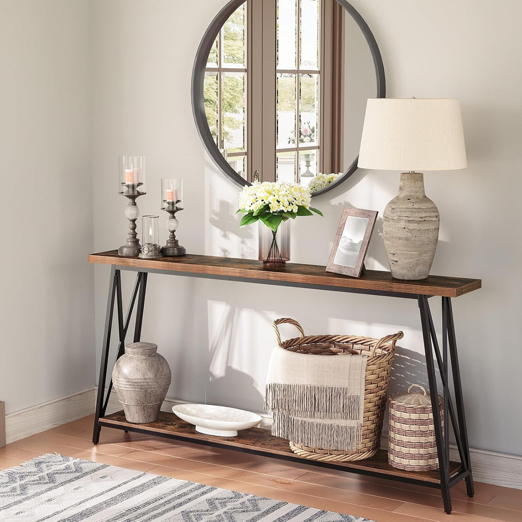 63 Inches Double Tier Rustic Industrial Console Table