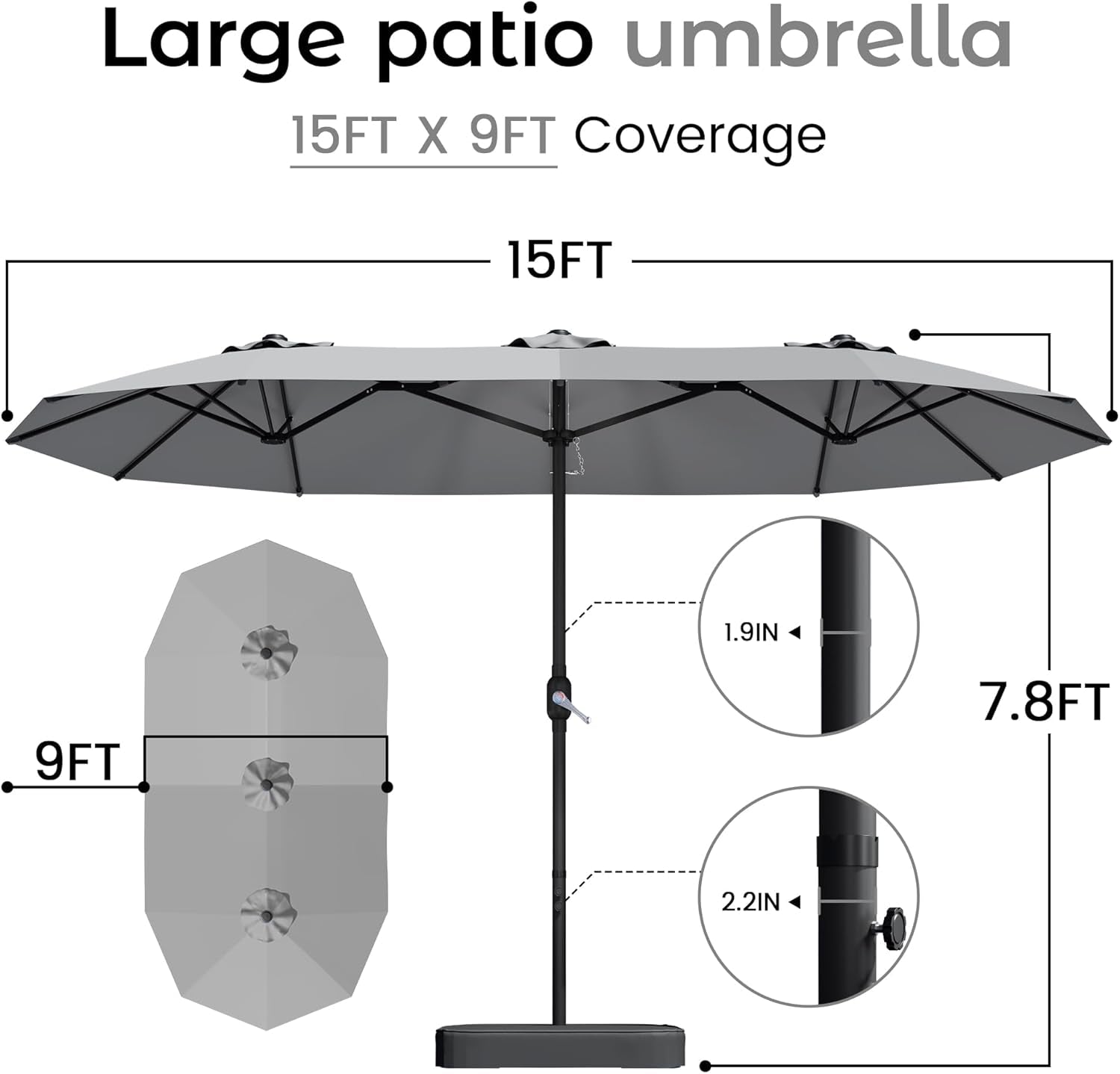 15Foot Rectangular Outdoor Patio Umbrella With Crank