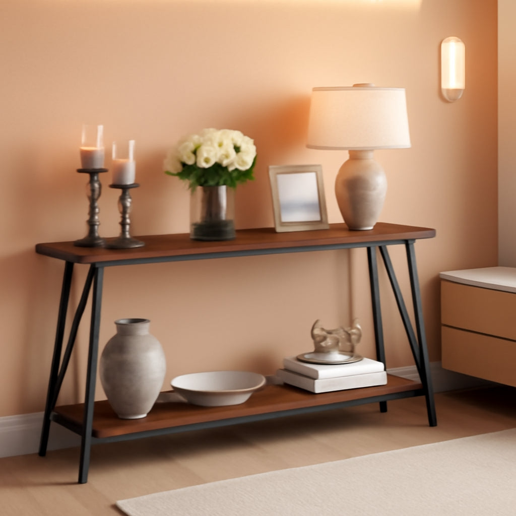 63 Inches Double Tier Rustic Industrial Console Table
