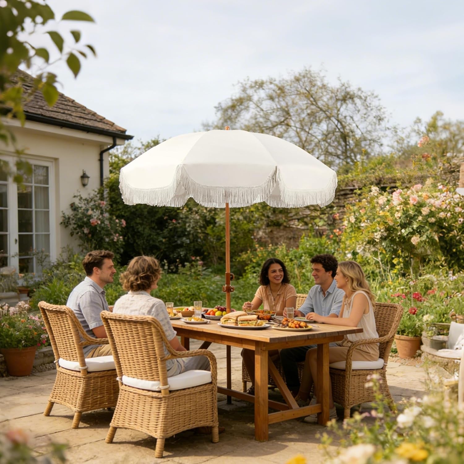 6 Point 5Ft Fringed Patio Umbrella Cream Aluminum Tilting