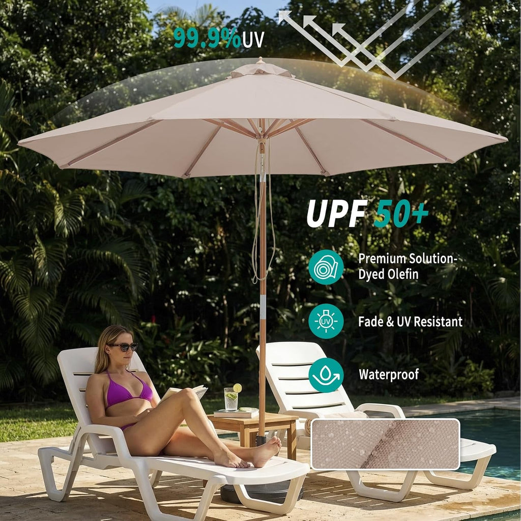 Nine To Ten Foot Bamboo Patio Outdoor Umbrella UPF50 Tilt