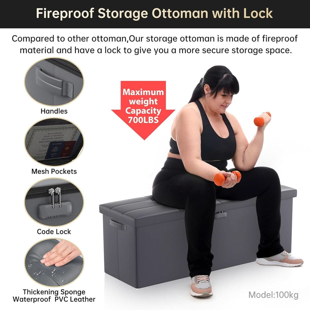 Fireproof Gray Storage Chest With Lock Ottoman Bench 43 Inch