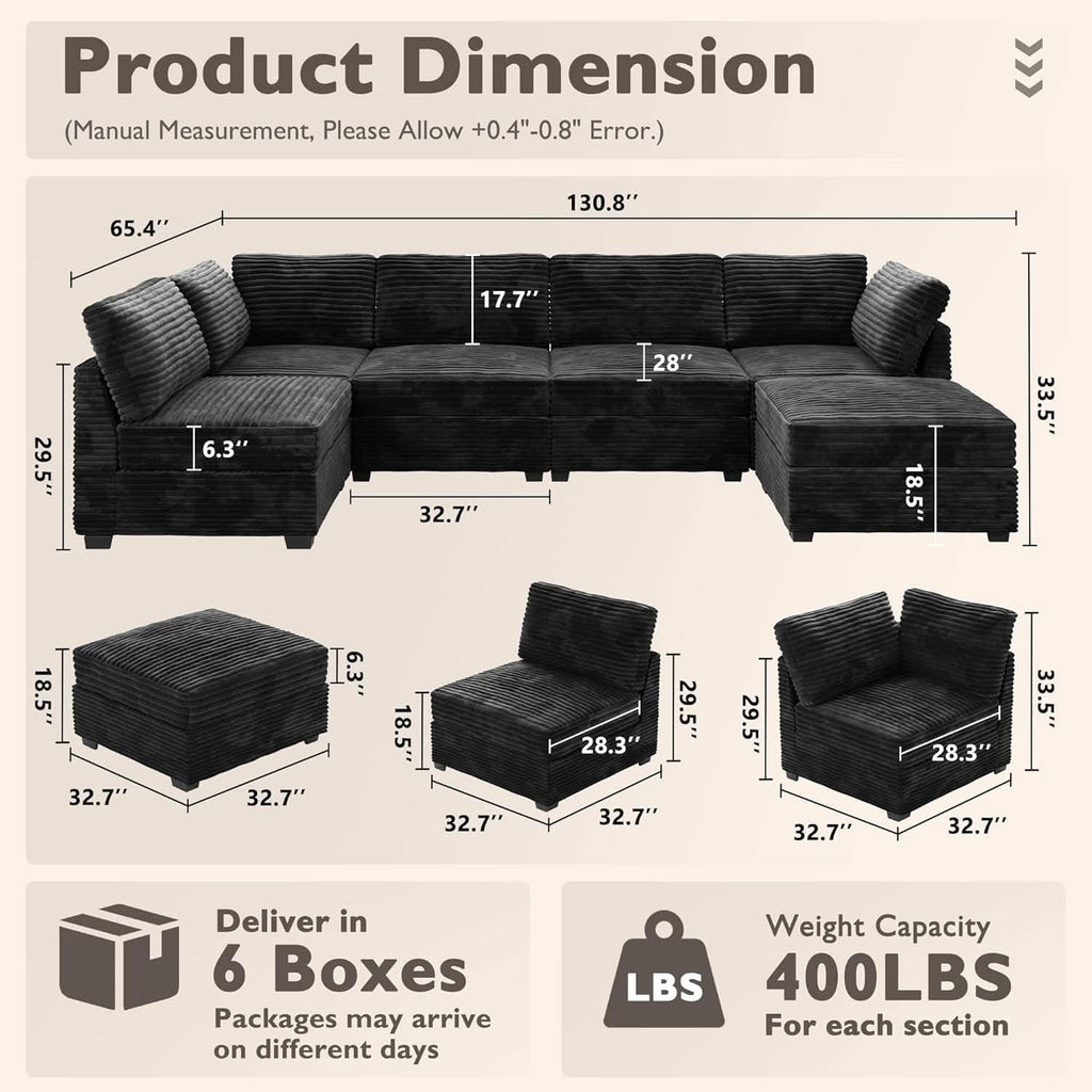Modular Sectional Sofa Black Corduroy Convertible Sleeper