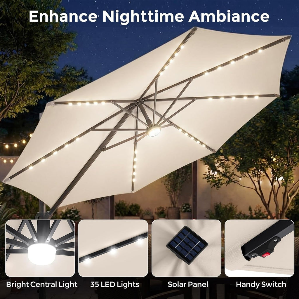 10 Ft Cantilevered Weatherproof Patio Umbrella Led