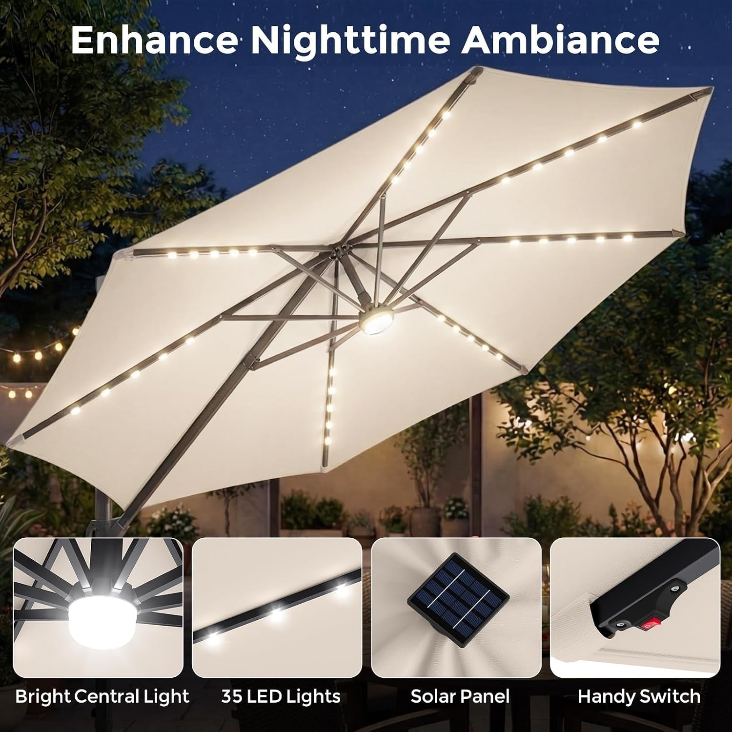 10 Ft Cantilevered Weatherproof Patio Umbrella Led