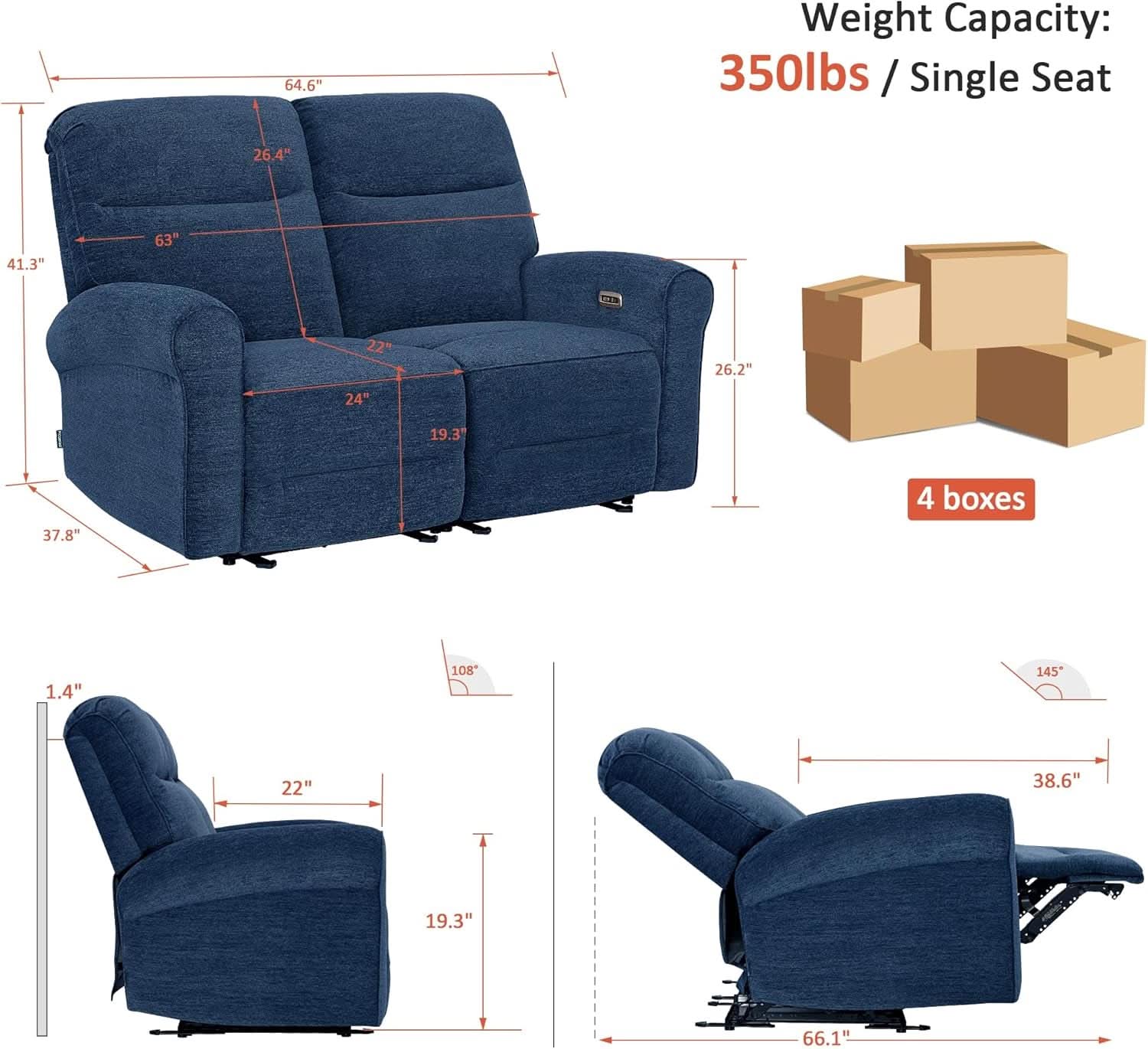 64.6 Inch Wall Hugger Loveseat Navy Blue Space Saving