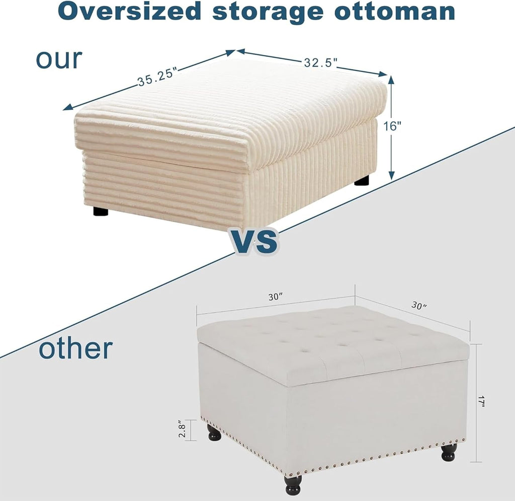 Corduroy Storage Ottoman Beige Cushioned Living Room