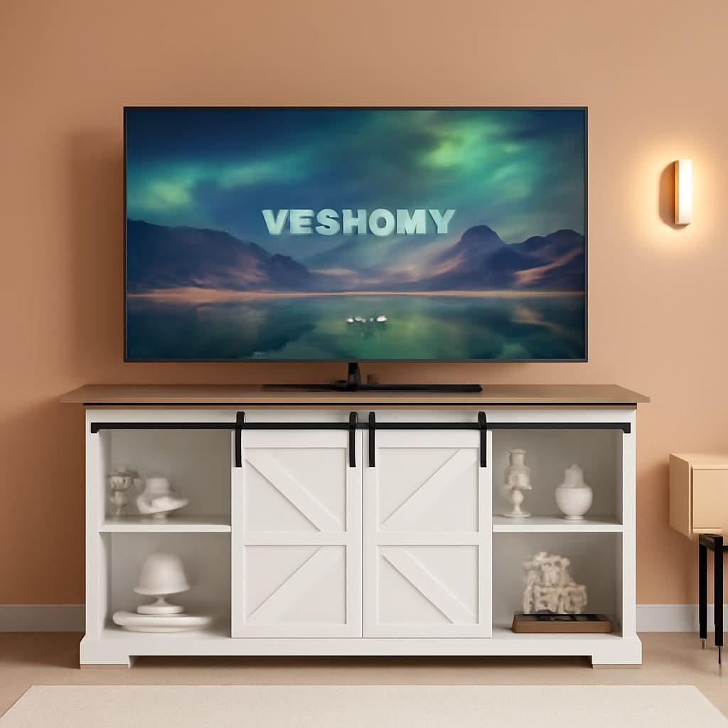 White TV Stand With Sliding Barn Doors For Living Room