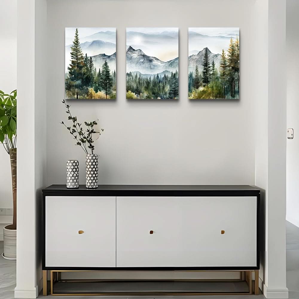 12x16Inch Three Panel Abstract Mountain Forest Wall Art