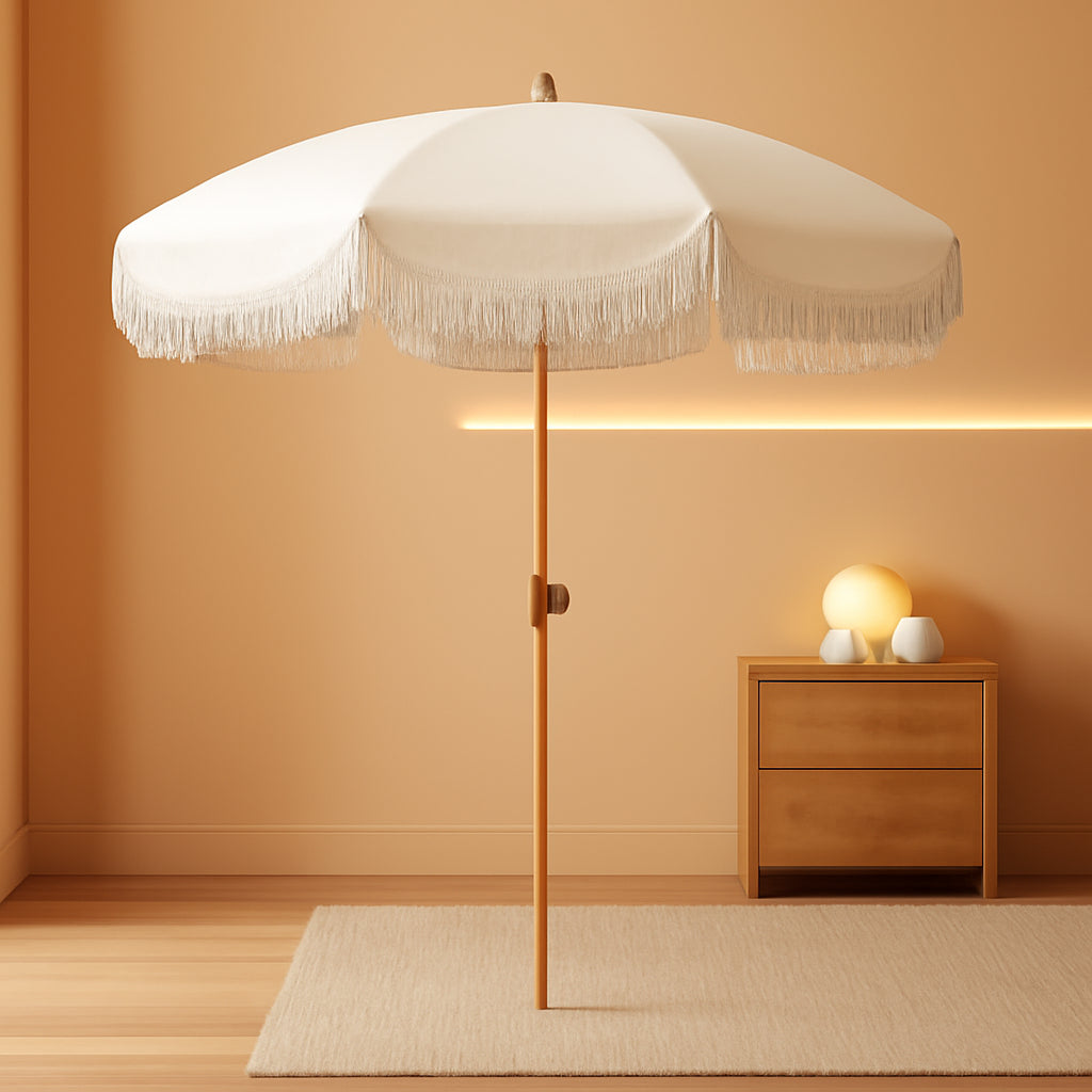 6 Point 5Ft Fringed Patio Umbrella Cream Aluminum Tilting