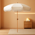 6 Point 5Ft Fringed Patio Umbrella Cream Aluminum Tilting