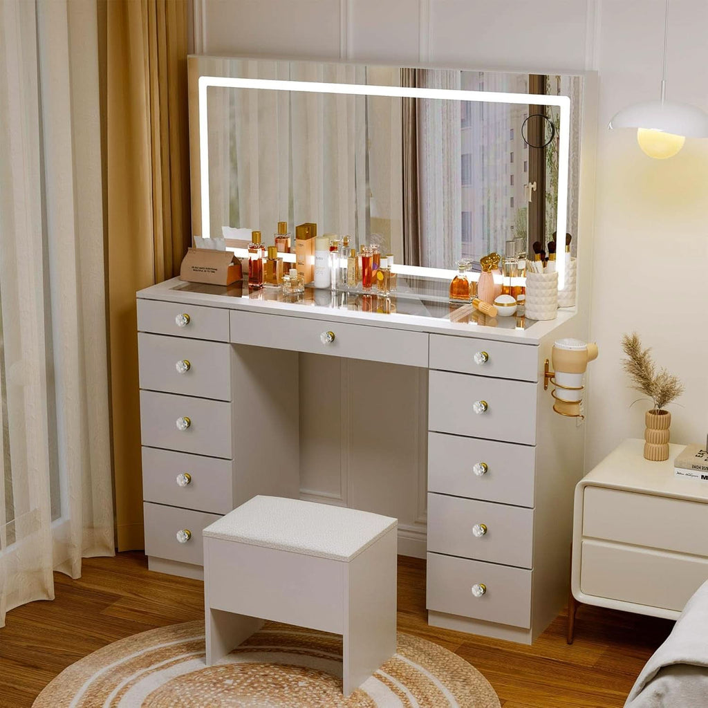 Elegant Translucent White Glass Vanity Desk Storage
