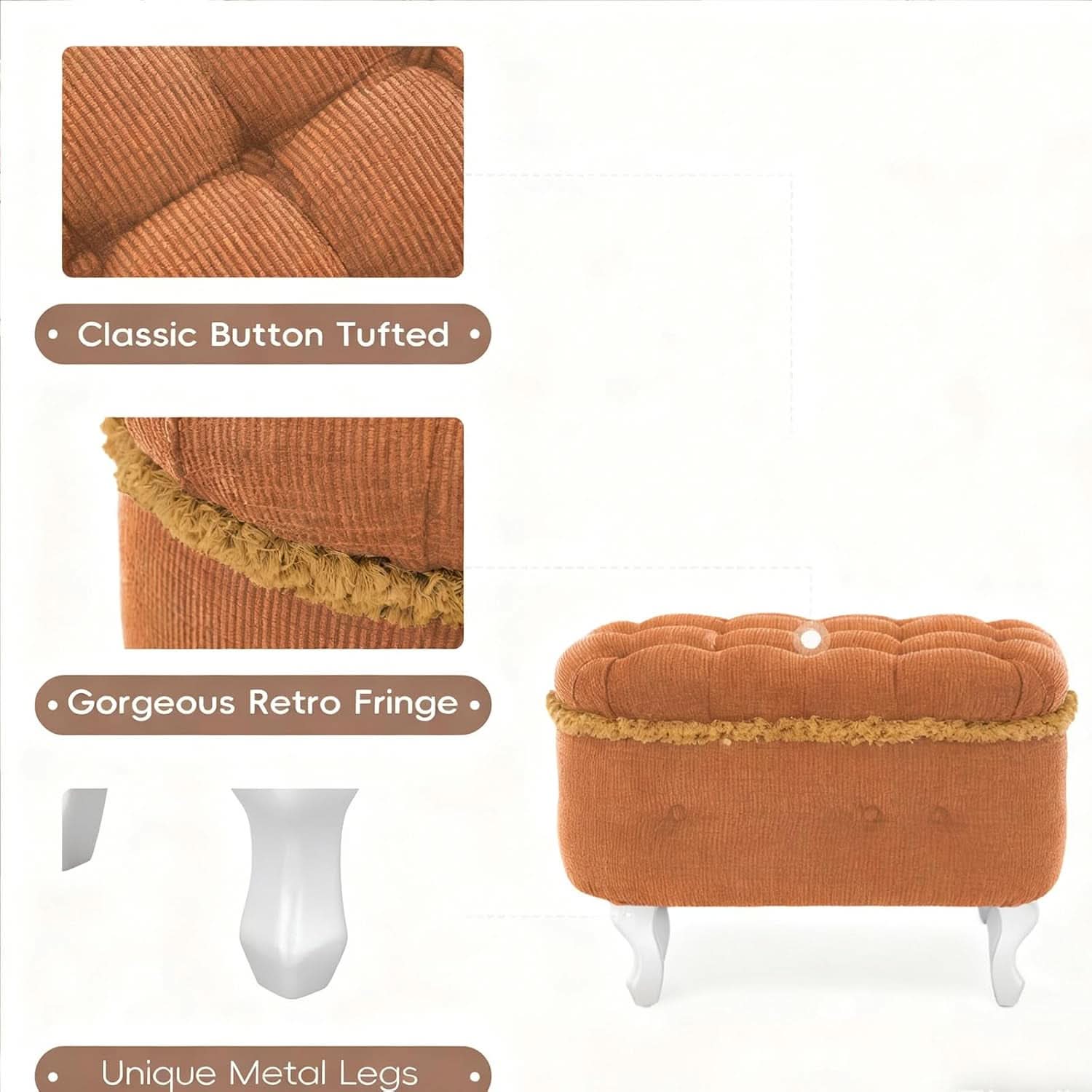 Orange Upholstered Storage Ottoman for Living Room