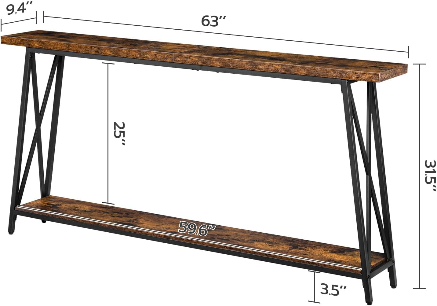63 Inches Double Tier Rustic Industrial Console Table
