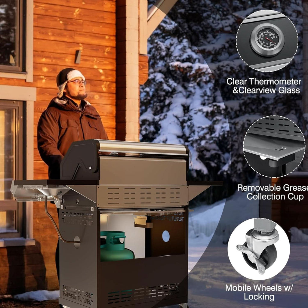 Propane Gas Grill With LED Knobs And Visual Glass Panel Outdoor