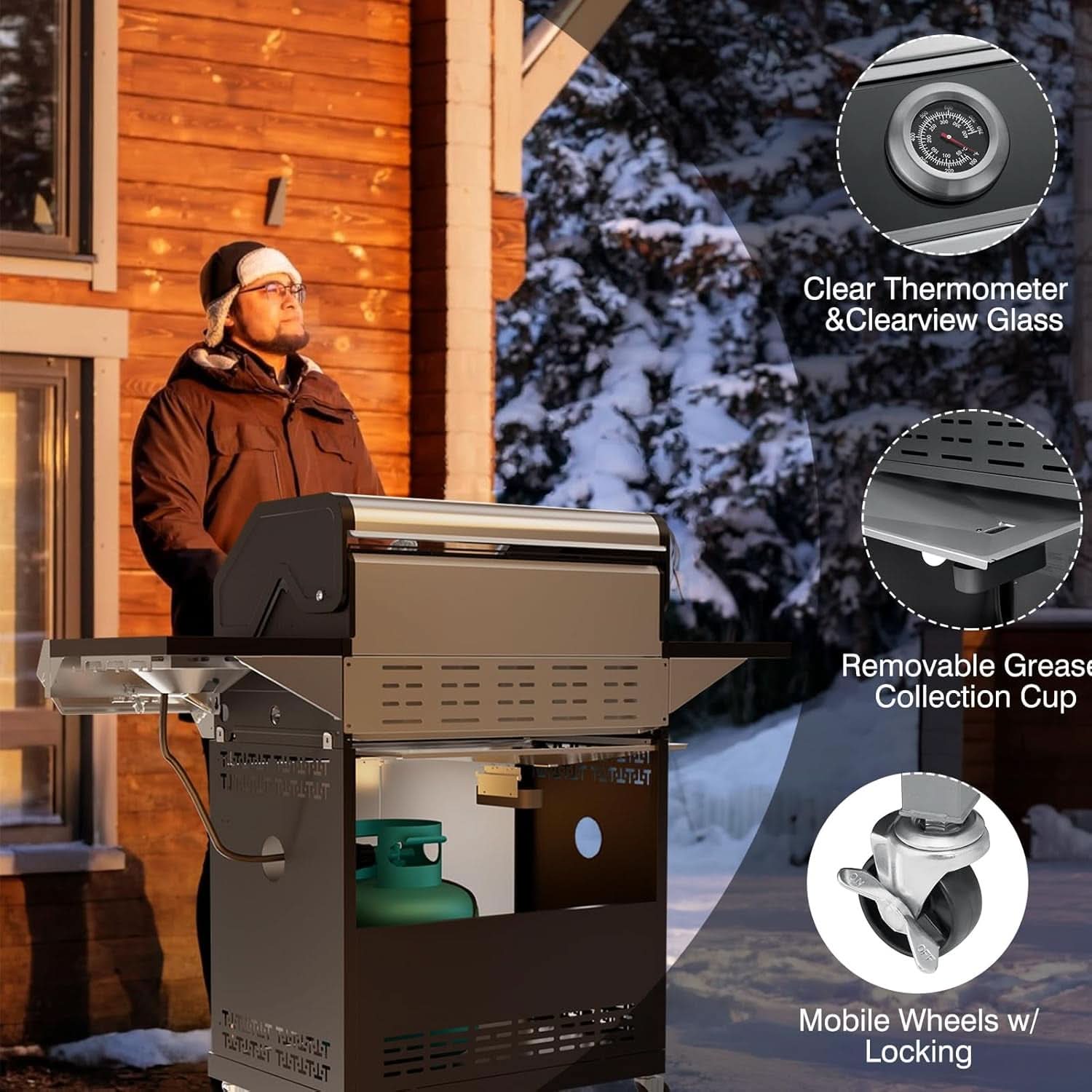 Propane Gas Grill With LED Knobs And Visual Glass Panel Outdoor