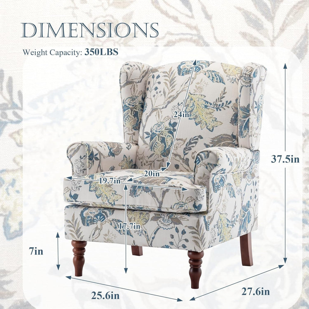 Blue Floral Upholstered Accent Armchair Living Room