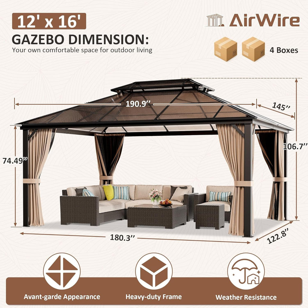 12x16 Brown Gazebo Poly carbonate Roof Aluminum Frame