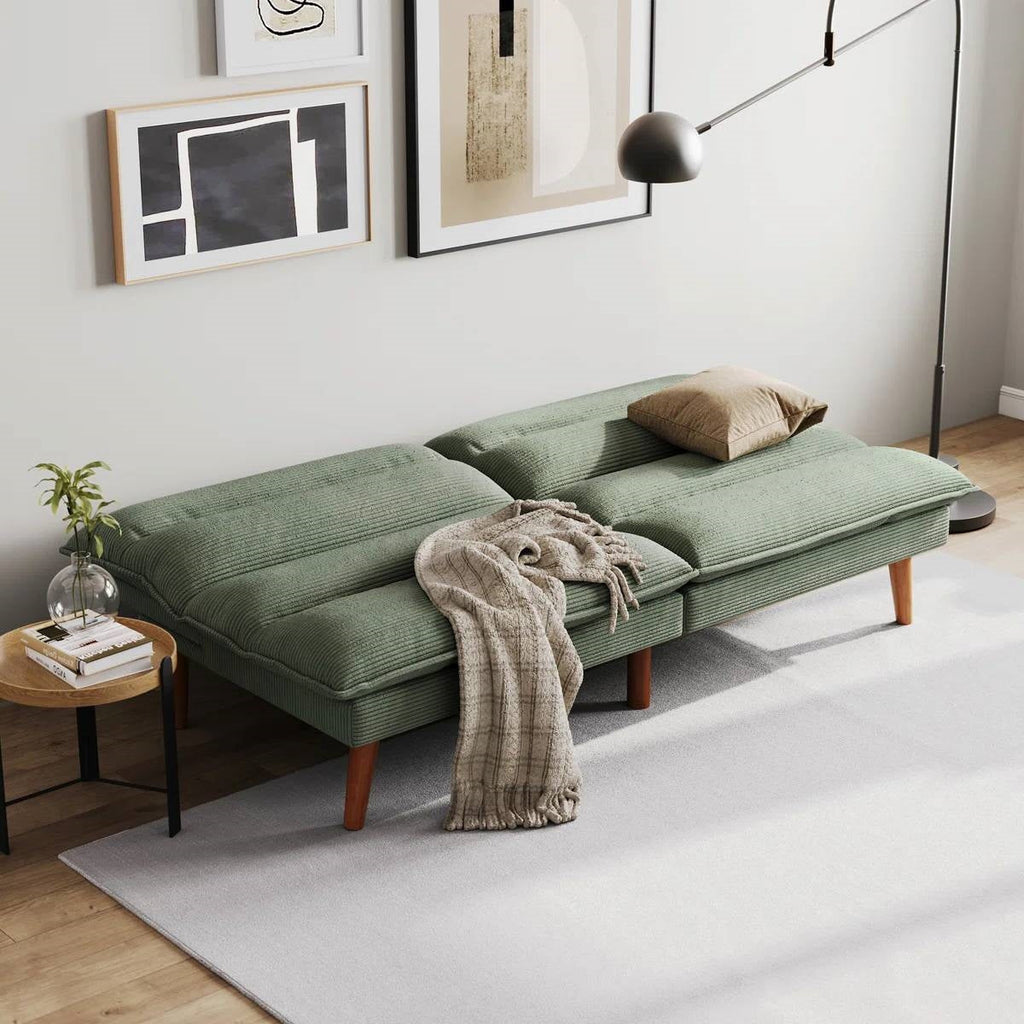 Modern Green Corduroy Fabric Futon Sleeper Sofa Bed Couch with Wood Legs