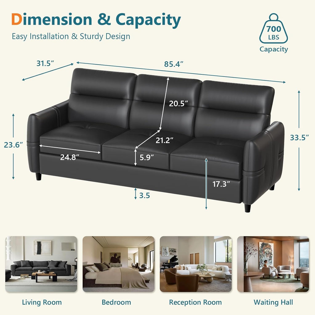 85Inch Black Faux Leather Executive Sofa USB Charging Ports
