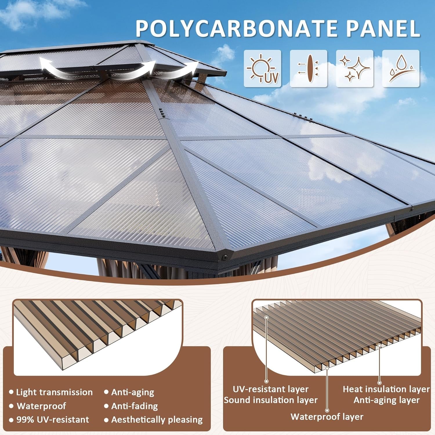 12x16 Brown Gazebo Poly carbonate Roof Aluminum Frame