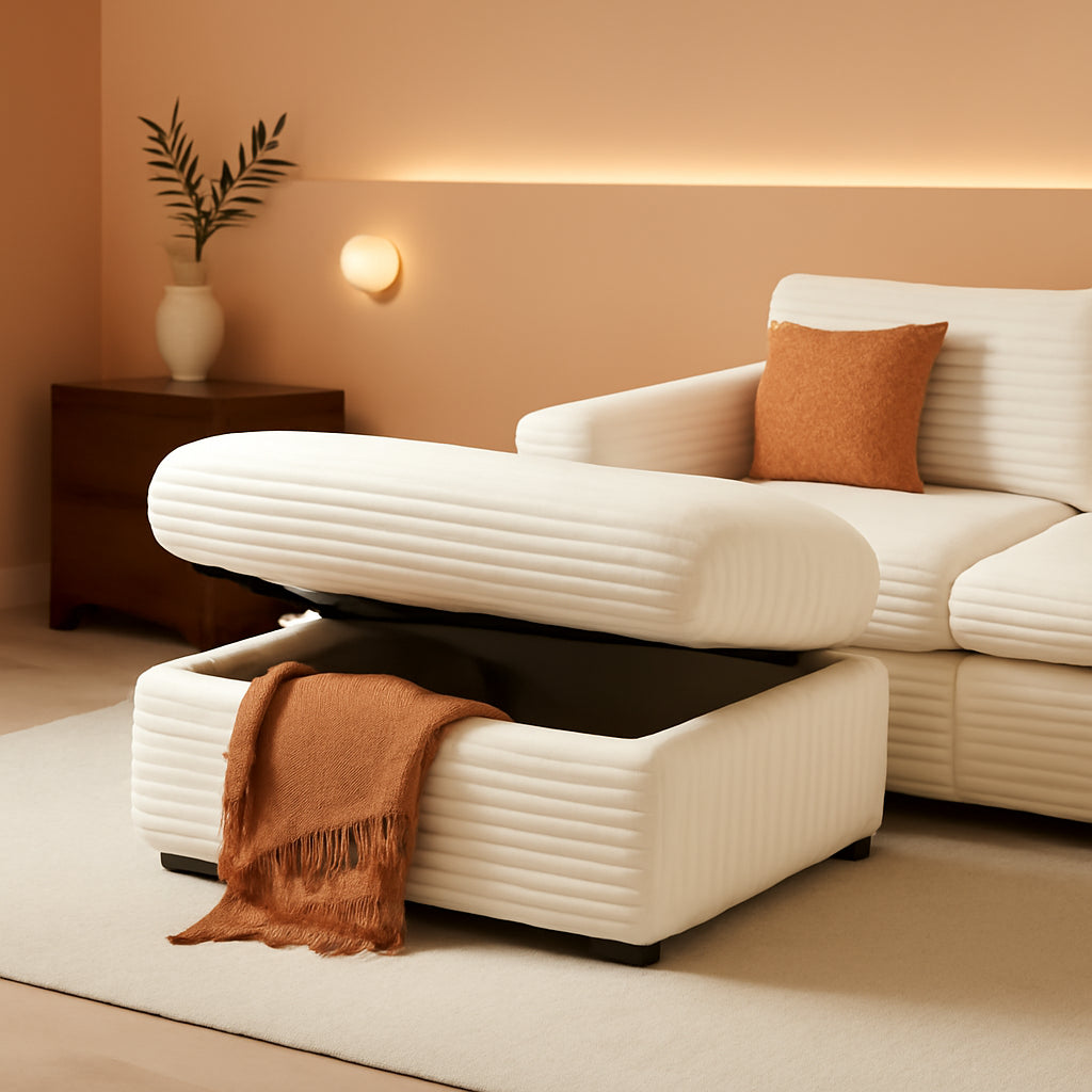 Corduroy Storage Ottoman Beige Cushioned Living Room