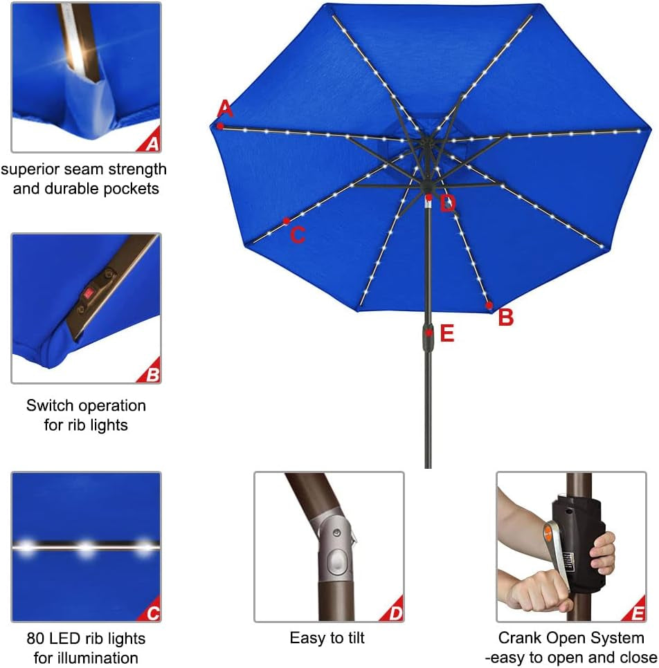 Royal Blue 9Ft Market Umbrella Weather Resistant LEDs