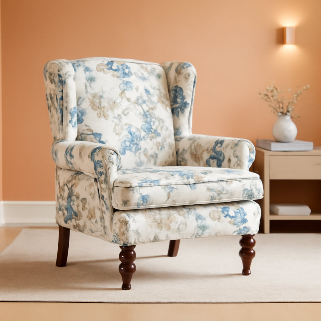 Blue Floral Upholstered Accent Armchair Living Room