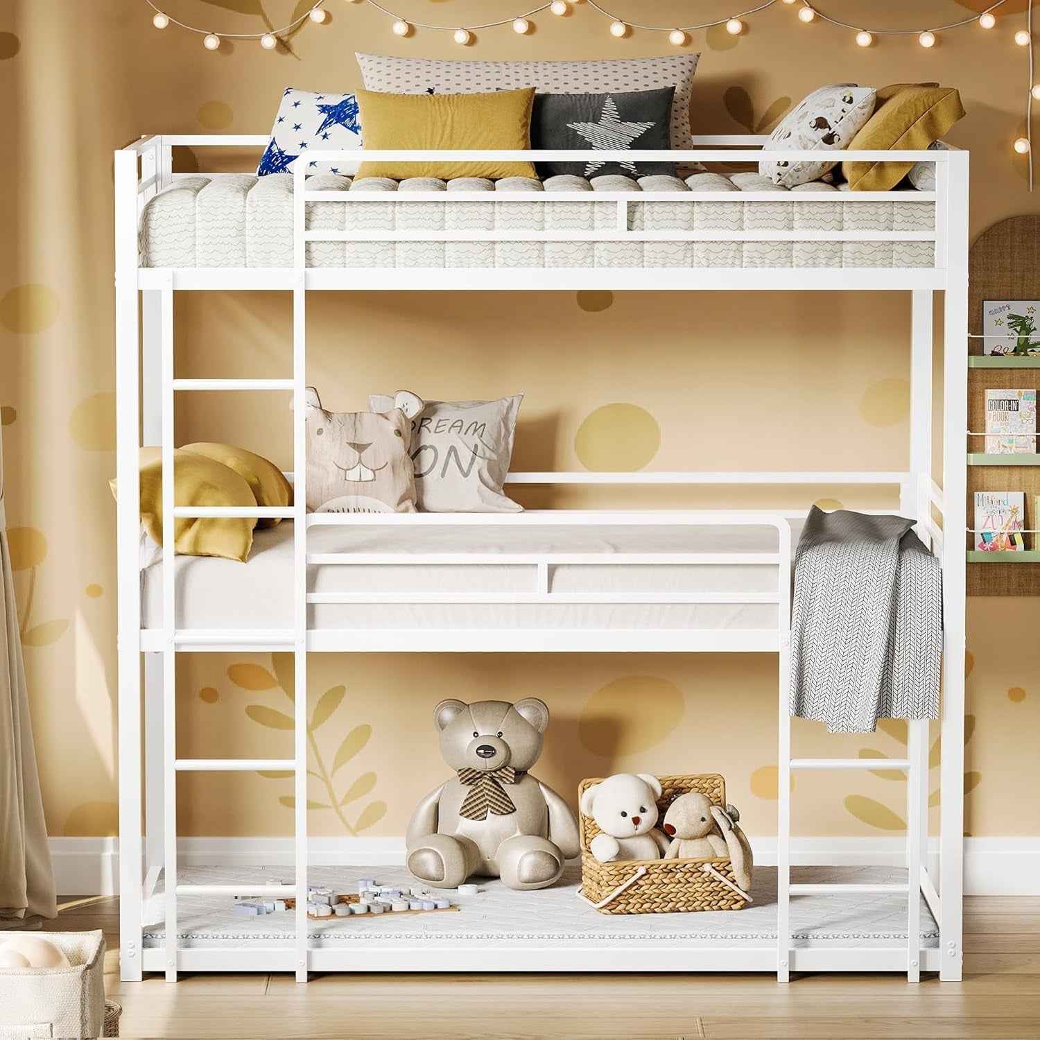White Industrial Three Tier Twin Bunk Bed Guardrails