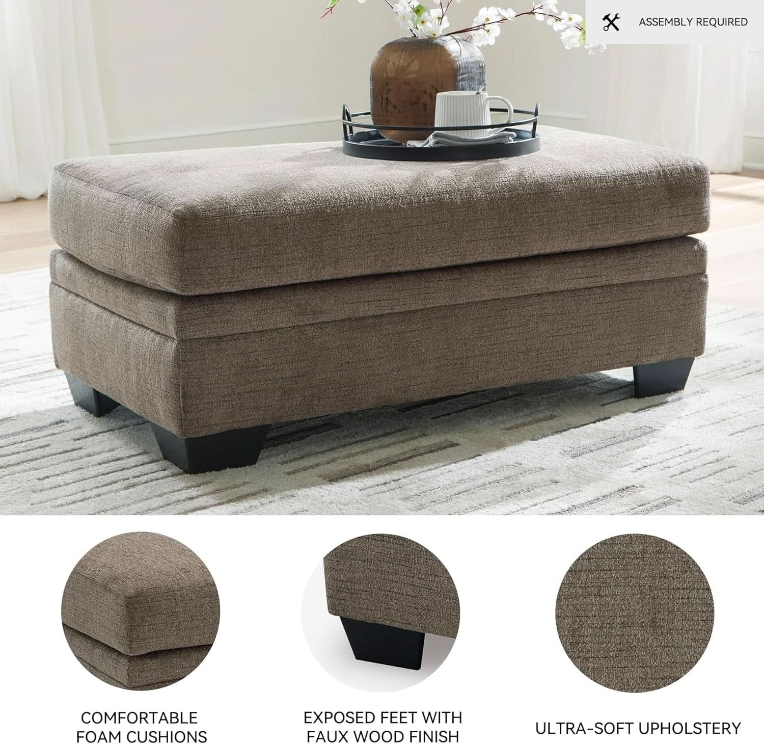 Dark Brown Upholstered Rectangular Ottoman Living Room
