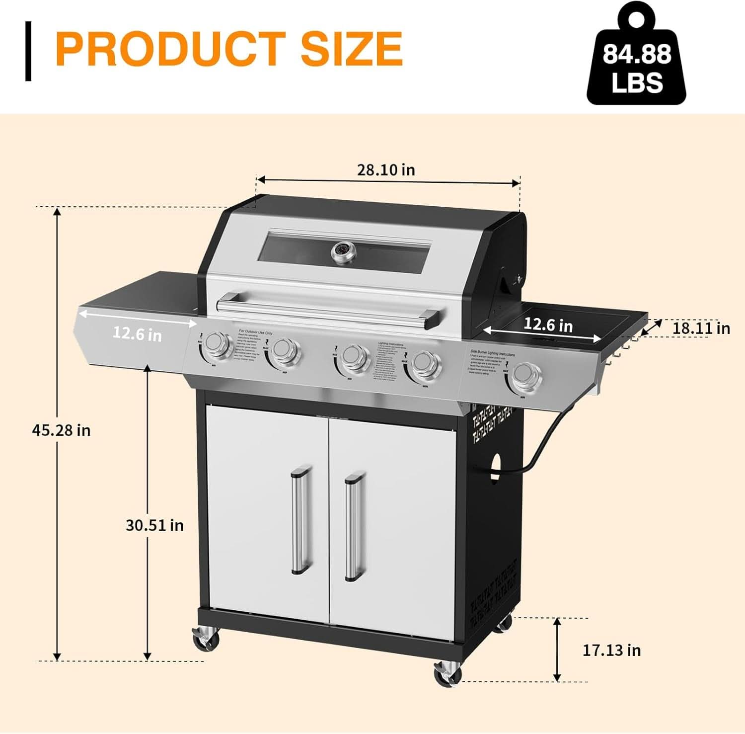 Propane Gas Grill With LED Knobs And Visual Glass Panel Outdoor