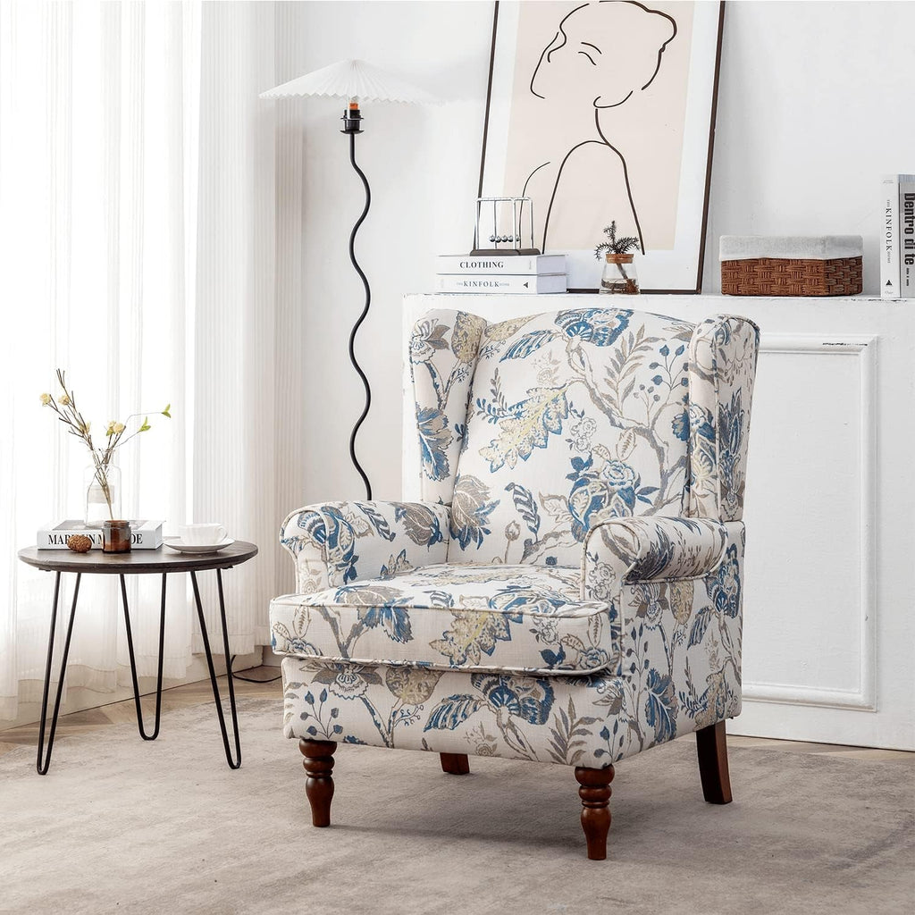 Blue Floral Upholstered Accent Armchair Living Room