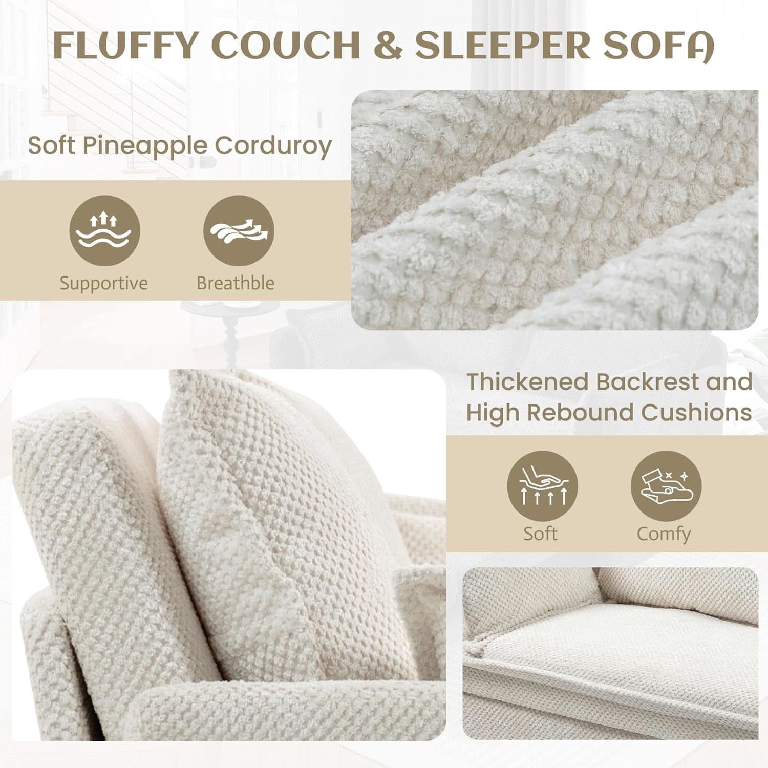 Convertible King Sofa Bed with USB Charging and Pockets