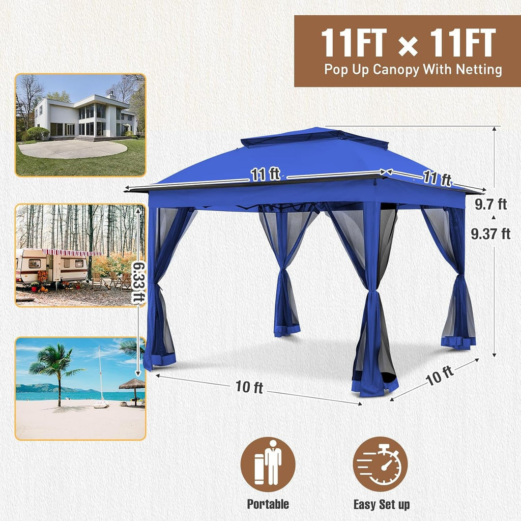 11x11Ft Pop Up Gazebo Blue UV Protection Netting UPF50