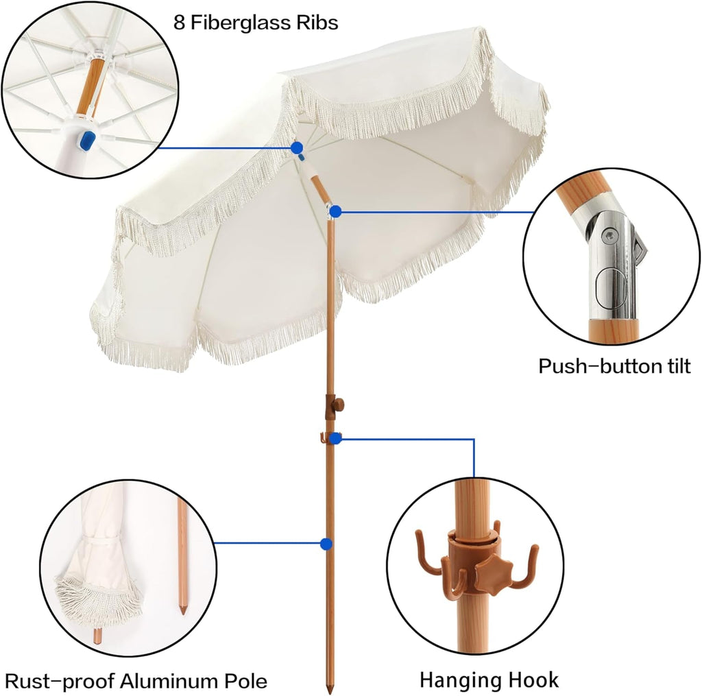 6 Point 5Ft Fringed Patio Umbrella Cream Aluminum Tilting
