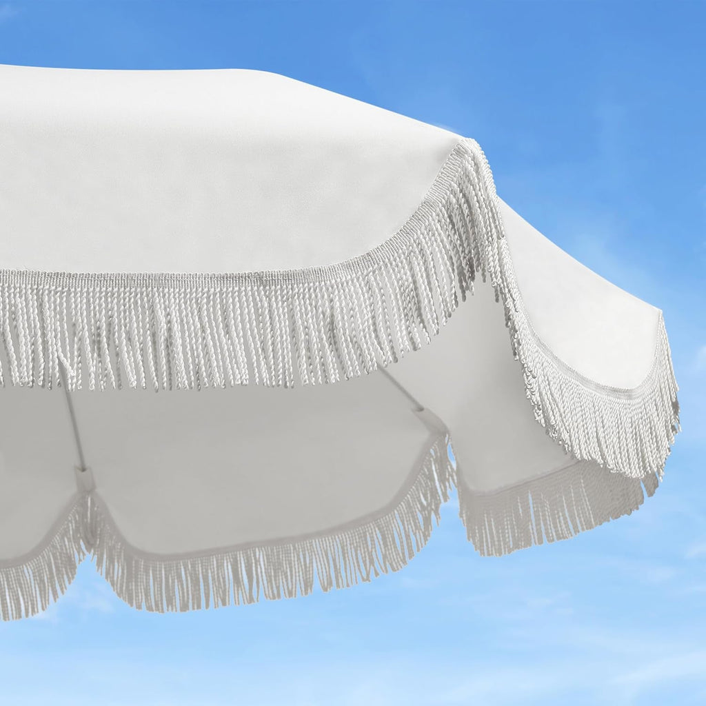 6 Point 5Ft Fringed Patio Umbrella Cream Aluminum Tilting