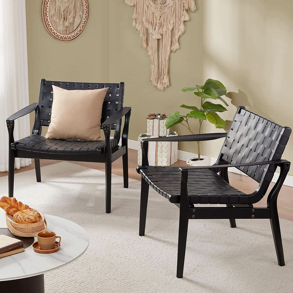 Scandinavian Woven Leather Chair With Natural Wood Frame