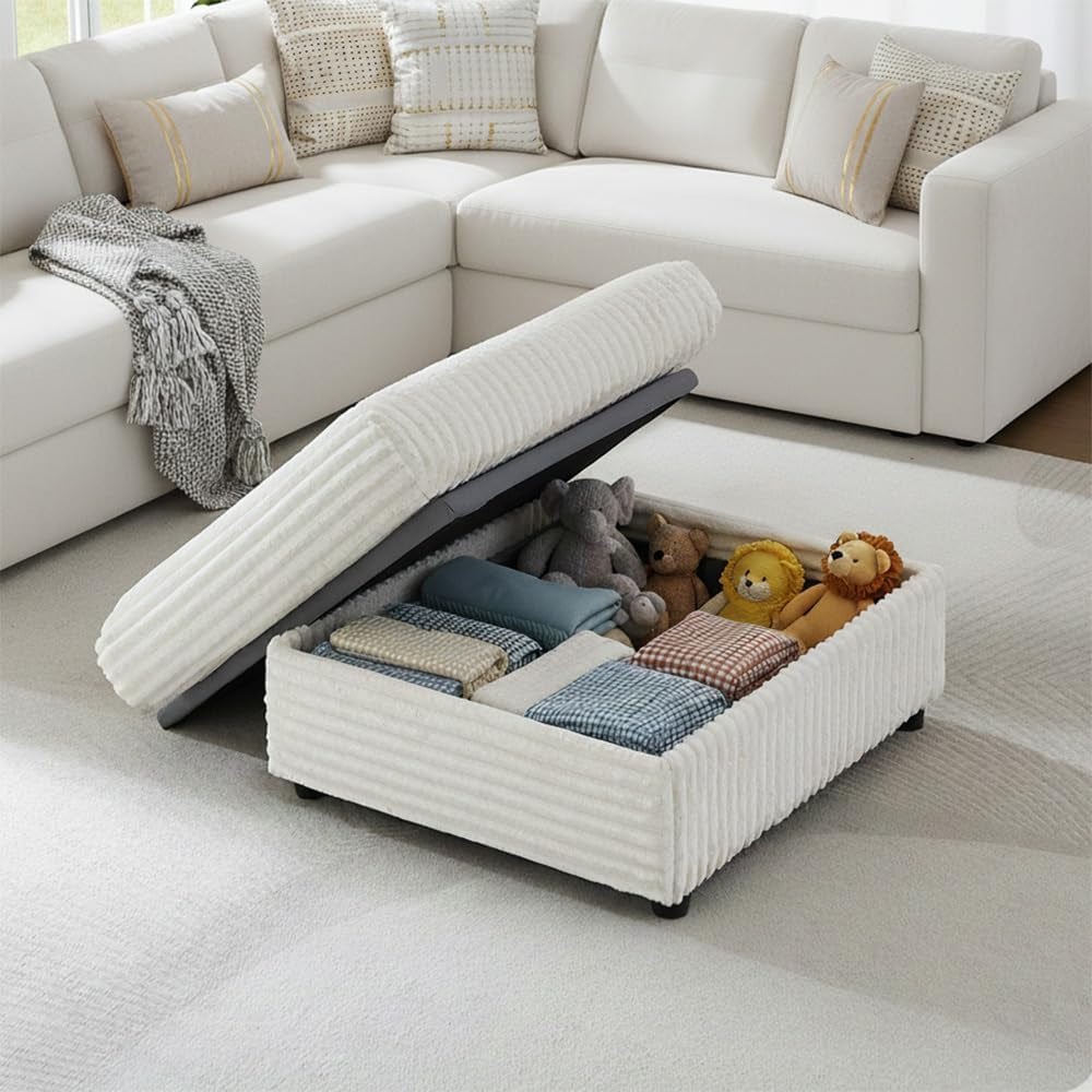 Corduroy Storage Ottoman Beige Cushioned Living Room